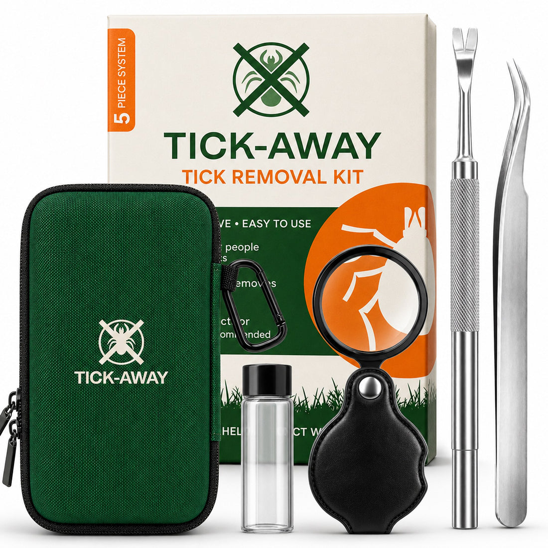 Tick-Away tick removal kit with green zip case, fine-point tweezers, tick remover, magnifier and specimen vial