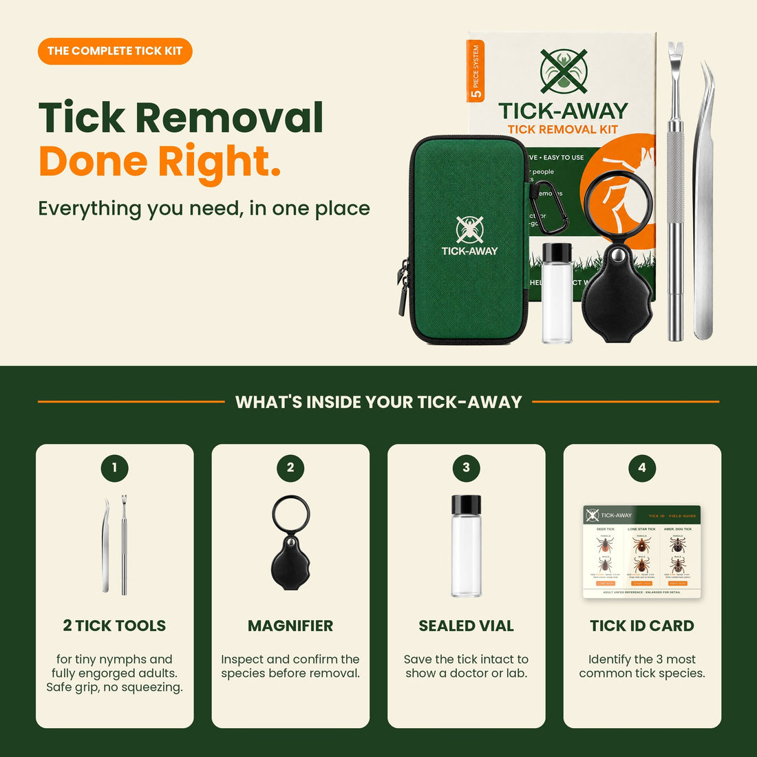 Tick-Away tick removal kit with green zip case, fine-point tweezers, tick remover, magnifier and specimen vial